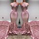 Gorgeous Pink Flowers Mermaid Halter Sleeveless Evening Gown