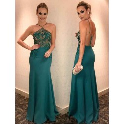 Crystal Beading Halter Sheath Floor Length Evening Dresses