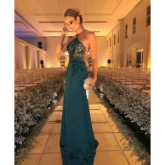 Crystal Beading Halter Sheath Floor Length Evening Dresses