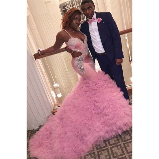 Gorgeous Spaghetti Straps Crystal Beads Prom Dresses Alluring Fit and Flare Pink Evening Gowns