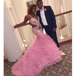 Gorgeous Spaghetti Straps Crystal Beads Prom Dresses Alluring Fit and Flare Pink Evening Gowns