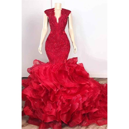 Gorgeous Beads Appliques Red Prom Dresses Ruffles Fit and Flare Alluring Evening Gowns