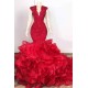 Gorgeous Beads Appliques Red Prom Dresses Ruffles Fit and Flare Alluring Evening Gowns