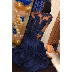 Beads Appliques Ruffles Prom Dresses Fit and Flare Sheer Tulle Evening Gowns
