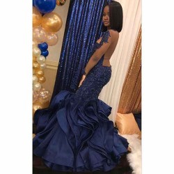 Beads Appliques Ruffles Prom Dresses Fit and Flare Sheer Tulle Evening Gowns