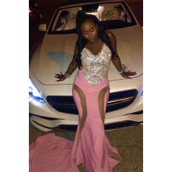 Spaghetti Straps Sparkling Crystal Prom Dresses Fit and Flare Sheer Tulle Evening Gowns