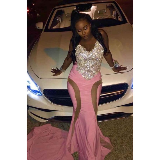 Spaghetti Straps Sparkling Crystal Prom Dresses Fit and Flare Sheer Tulle Evening Gowns