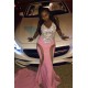 Spaghetti Straps Sparkling Crystal Prom Dresses Fit and Flare Sheer Tulle Evening Gowns