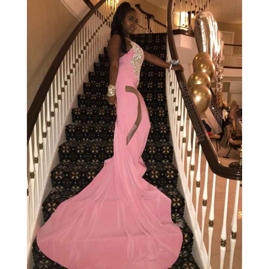 Spaghetti Straps Sparkling Crystal Prom Dresses Fit and Flare Sheer Tulle Evening Gowns