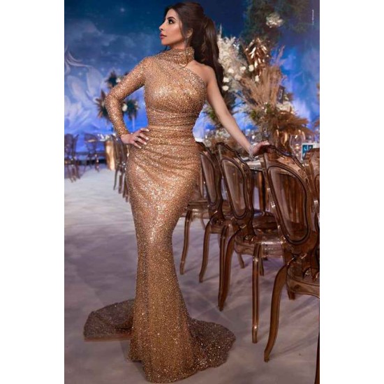 Gorgeous Hign-Neck One-Shoulder Sequins Mermaid Evening Gown