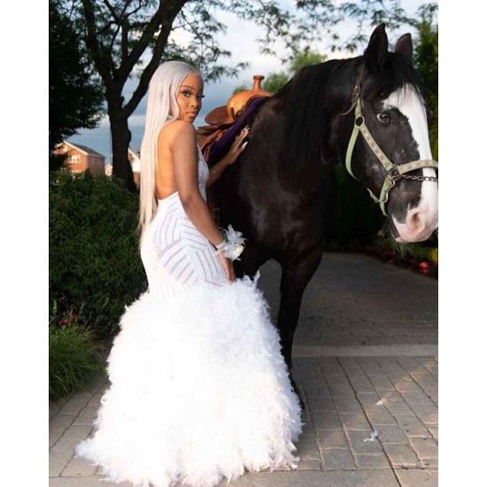 Halter Feather Fit and Flare Prom Dresses Alluring Open Back Sleeveless Evening Gowns