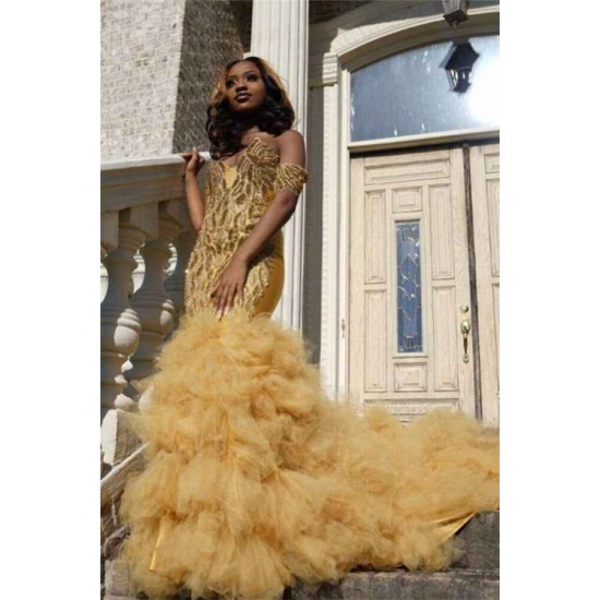 Gold Beads Appliques Fit and Flare Prom Dresses Off-the-Shoulder Tulle Ruffles Evening Gowns