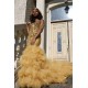 Gold Beads Appliques Fit and Flare Prom Dresses Off-the-Shoulder Tulle Ruffles Evening Gowns