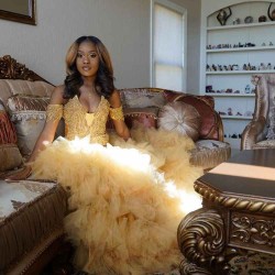 Gold Beads Appliques Fit and Flare Prom Dresses Off-the-Shoulder Tulle Ruffles Evening Gowns