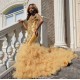 Gold Beads Appliques Fit and Flare Prom Dresses Off-the-Shoulder Tulle Ruffles Evening Gowns