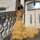 Gold Beads Appliques Fit and Flare Prom Dresses Off-the-Shoulder Tulle Ruffles Evening Gowns