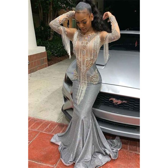 Sparkle Beads Sheer Tulle Prom Dresses Fit and Flare Crystal Alluring Evening Gowns