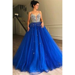 Gorgeous A-Line Spaghetti Straps Sleeveless Tulle Beaded Evening Dresses