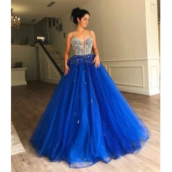 Gorgeous A-Line Spaghetti Straps Sleeveless Tulle Beaded Evening Dresses