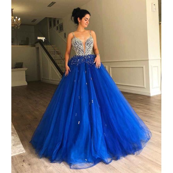 Gorgeous A-Line Spaghetti Straps Sleeveless Tulle Beaded Evening Dresses