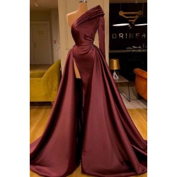 One Shoulder Satin Evening Party Gowns Detachable Train