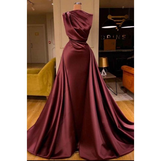 One Shoulder Satin Evening Party Gowns Detachable Train