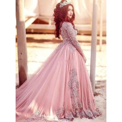 Gorgeous Long-Sleeve Arabic Style Lace Appliques Tulle Evening Dress