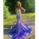 Asymmetric Beads Appliques Prom Dresses Alluring Open Back Fit and Flare Evening Gowns