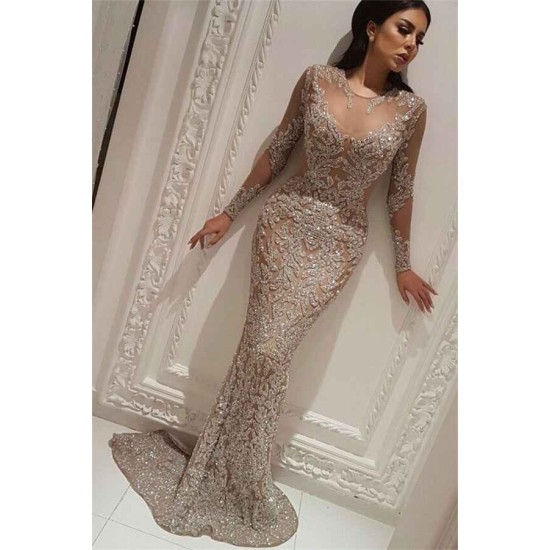 Elegant Long Sleeves Charming Prom Dresses Wholesale Fit and Flare Beads Evening Gowns with Nude Lining