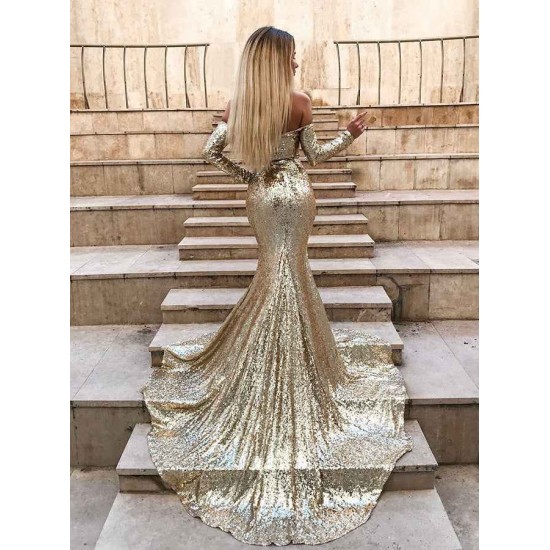 Wholesale Off-the-Shoulder Champagne Sequins Prom Dresses Elegant Long Sleeves Side Slit Evening Gowns