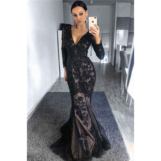 Charming Black Tulle Nude Lining Evening Dresses with Sleeves Elegant Long Sleeves Beads Appliques Prom Dresses