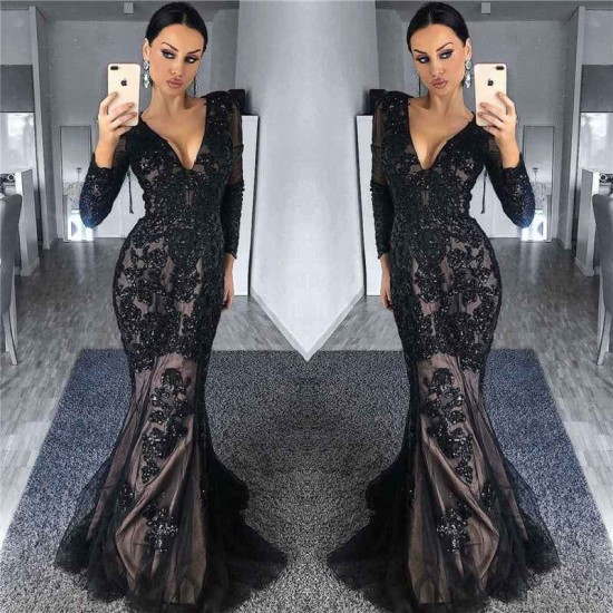 Charming Black Tulle Nude Lining Evening Dresses with Sleeves Elegant Long Sleeves Beads Appliques Prom Dresses