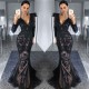 Charming Black Tulle Nude Lining Evening Dresses with Sleeves Elegant Long Sleeves Beads Appliques Prom Dresses