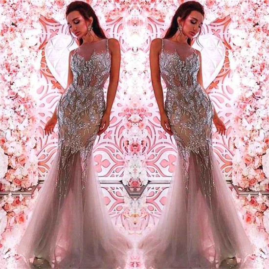 Beautiful Sleeveless Silver Beading Crystals Evening Dresses Wholesale Tulle Fit and Flare Prom Dresses