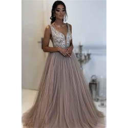 Elegant A-line Sleeveless Applique Tulle Evening Dresses