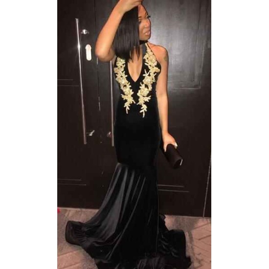 Halter Keyhole Neckline Golden Appliques Black Velvet Mermaid Evening Gowns