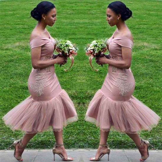 On Sale Off-the-Shoulder Pink Bridesmaid Dress Appliques Mermaid Chic Short Bridesmaid Dress