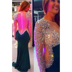 Classic Long Sleeves Mermaid Evening Dresses Crystals Zipper Back
