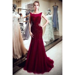 MELBA Mermaid Sleeveless Long Sequined Tulle Burgundy Evening Gowns