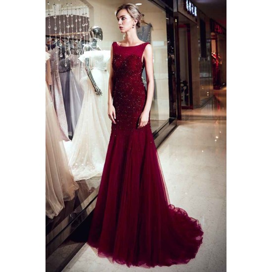 MELBA Mermaid Sleeveless Long Sequined Tulle Burgundy Evening Gowns
