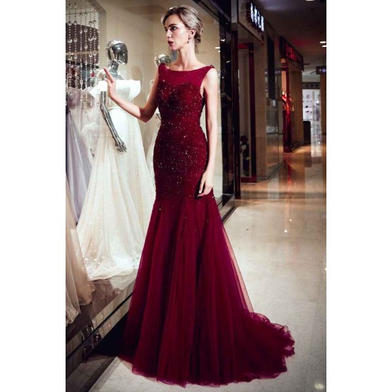 MELBA Mermaid Sleeveless Long Sequined Tulle Burgundy Evening Gowns