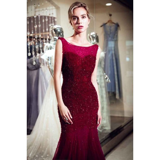 MELBA Mermaid Sleeveless Long Sequined Tulle Burgundy Evening Gowns