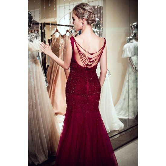 MELBA Mermaid Sleeveless Long Sequined Tulle Burgundy Evening Gowns
