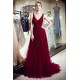 MELANIE A-line Long V-neck Sleeveless Burgundy Sequins Tulle Evening Dresses