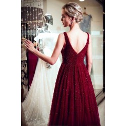 MELANIE A-line Long V-neck Sleeveless Burgundy Sequins Tulle Evening Dresses
