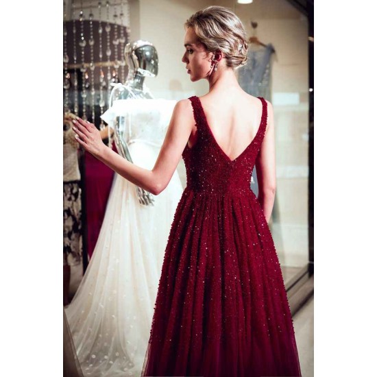MELANIE A-line Long V-neck Sleeveless Burgundy Sequins Tulle Evening Dresses