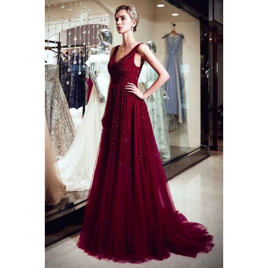 MELANIE A-line Long V-neck Sleeveless Burgundy Sequins Tulle Evening Dresses