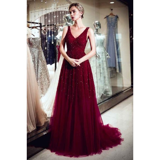 MELANIE A-line Long V-neck Sleeveless Burgundy Sequins Tulle Evening Dresses