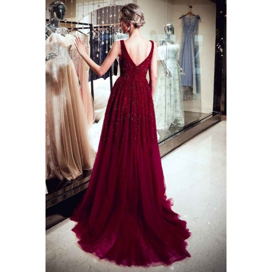 MELANIE A-line Long V-neck Sleeveless Burgundy Sequins Tulle Evening Dresses