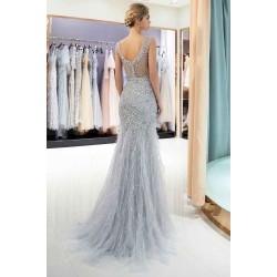 MEG Mermaid Sleeveless Illusion Neckline Crystal Sqeuined Tulle Evening Dresses